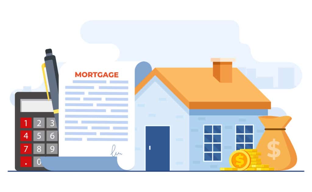 Illustration of a house, a mortgage document, a calculator, a pen, and a bag of money with coins