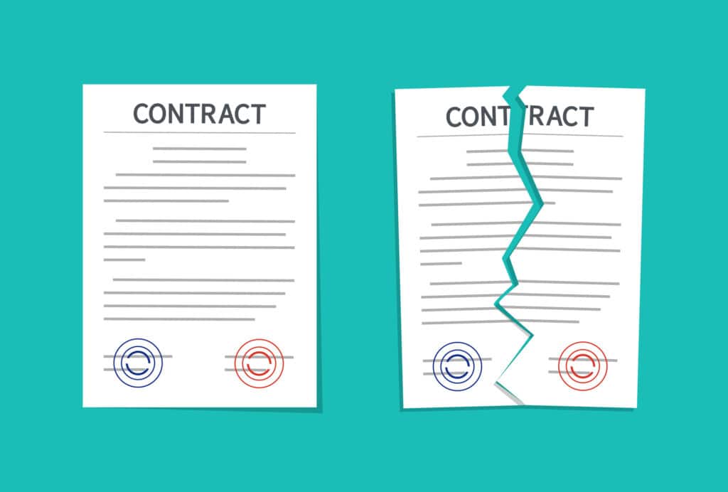 Illustration of two contracts side by side, one intact and the other torn in half